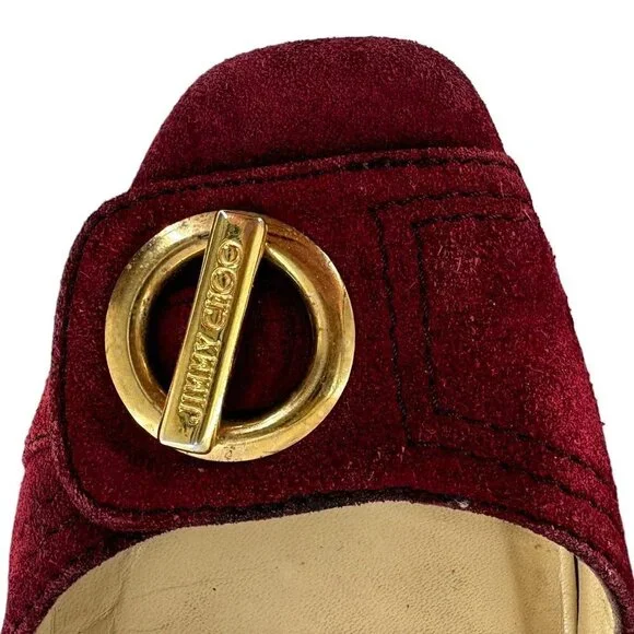 JIMMY CHOO Maroon Red Suede Square Toe Logo Buckle Flats Size 39.5 / US 9.5 - Picture 4 of 9